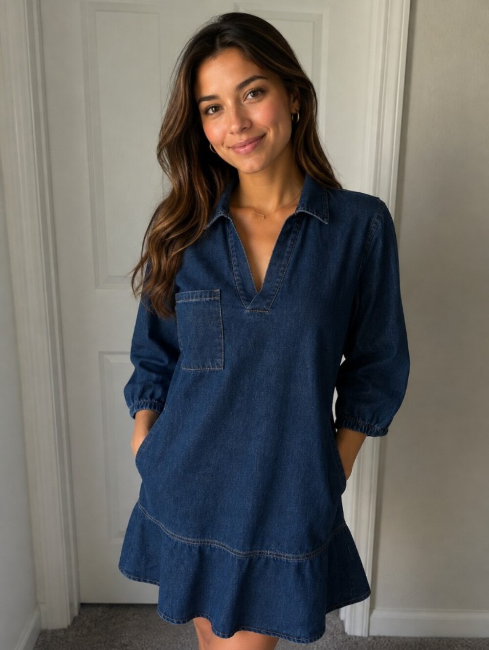 Dark Blue Denim Tunic Dress with V-Neck and Patch Pocket Medium
